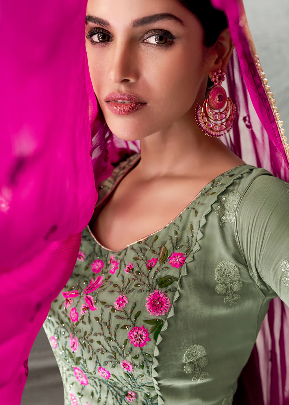 Olive Green Georgette Wedding & Festival Palazzo Suit - Image 2