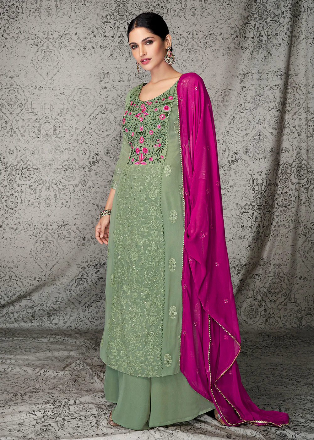 Olive Green Georgette Wedding & Festival Palazzo Suit - Image 3