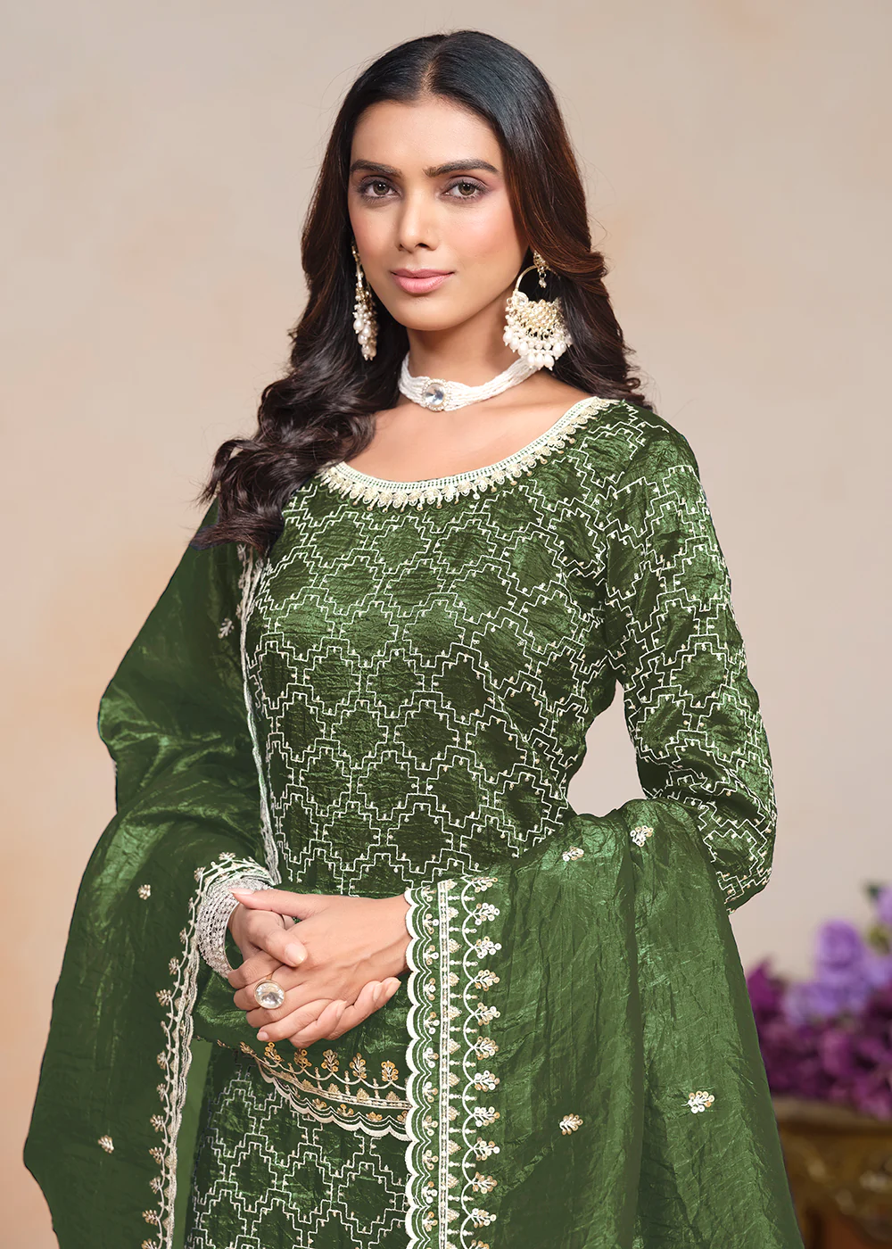 Olive Green Gold Crushed Embroidered Palazzo Suit - Image 2