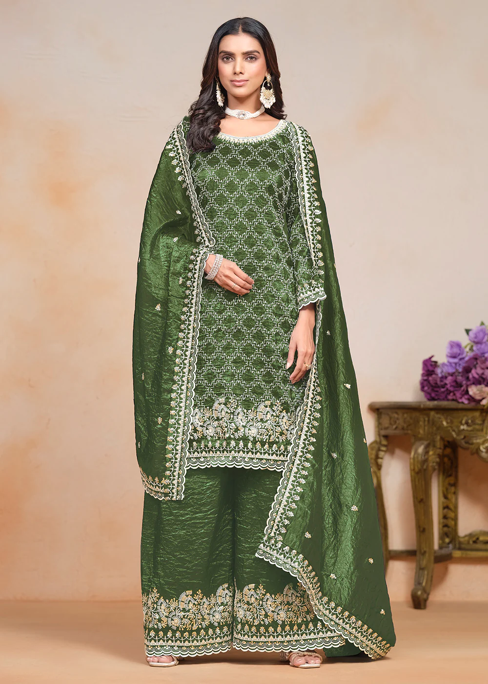 Olive Green Gold Crushed Embroidered Palazzo Suit - Image 3