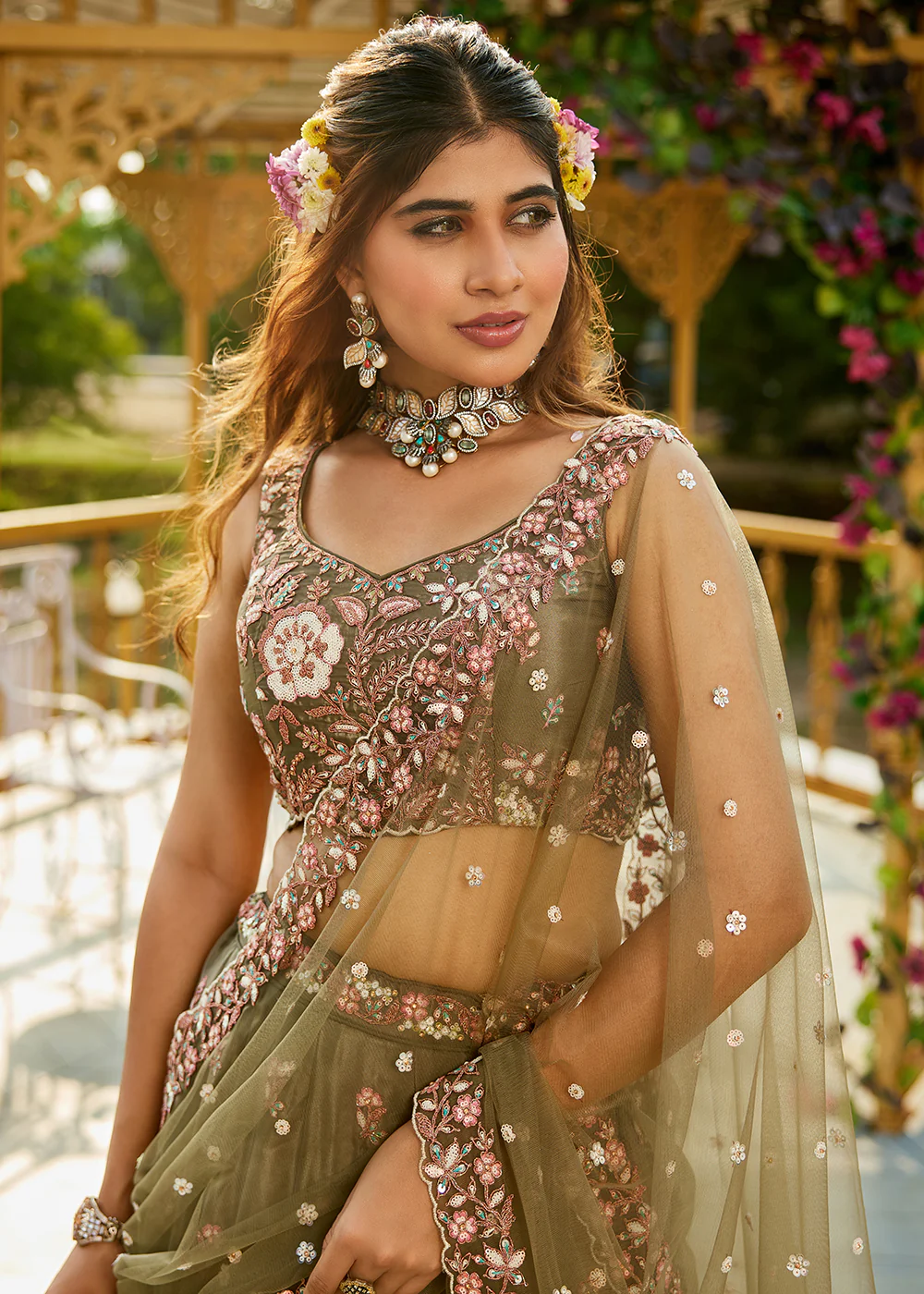Olive Green Satin Embroidered Wedding Festive Lehenga Choli - Image 2