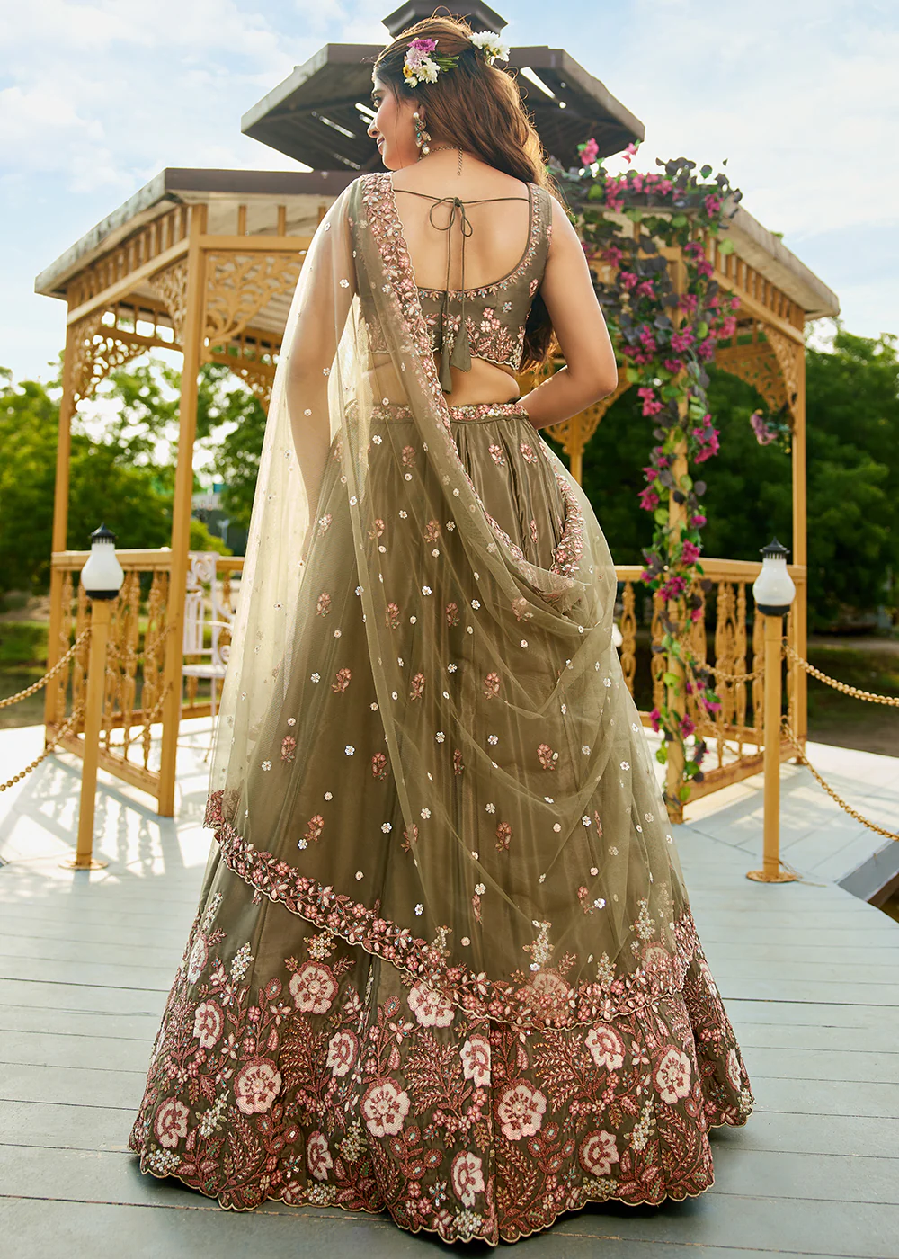Olive Green Satin Embroidered Wedding Festive Lehenga Choli - Image 3