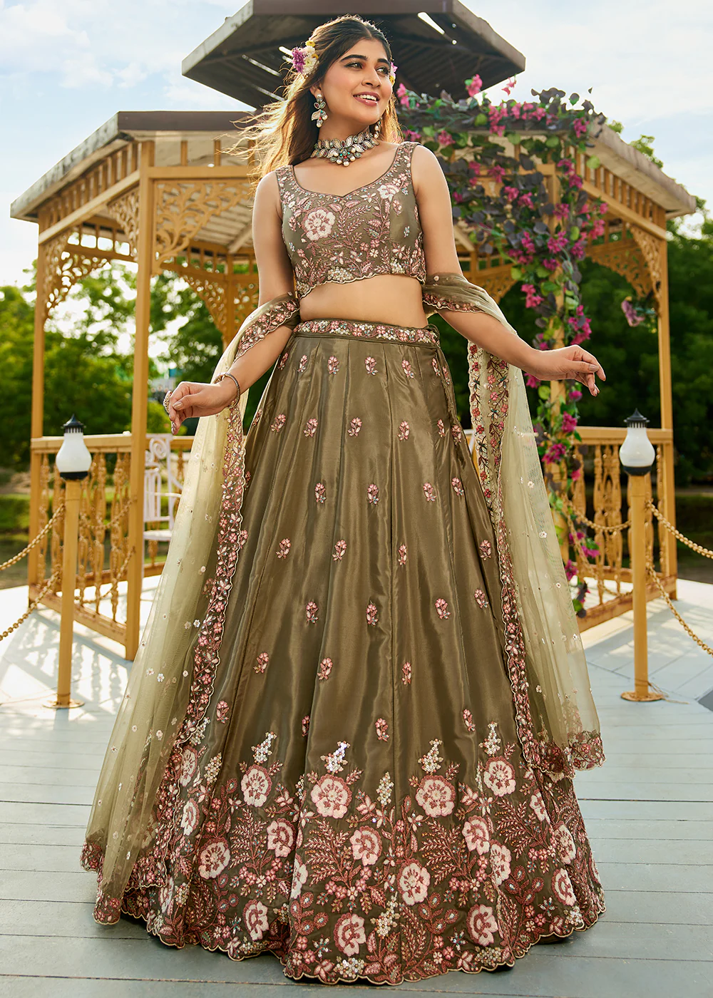 Olive Green Satin Embroidered Wedding Festive Lehenga Choli - Image 4