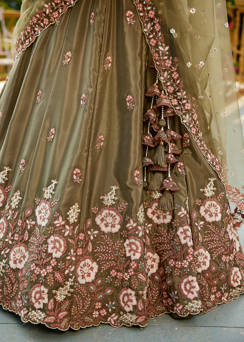 Olive Green Satin Embroidered Wedding Festive Lehenga Choli - Image 7