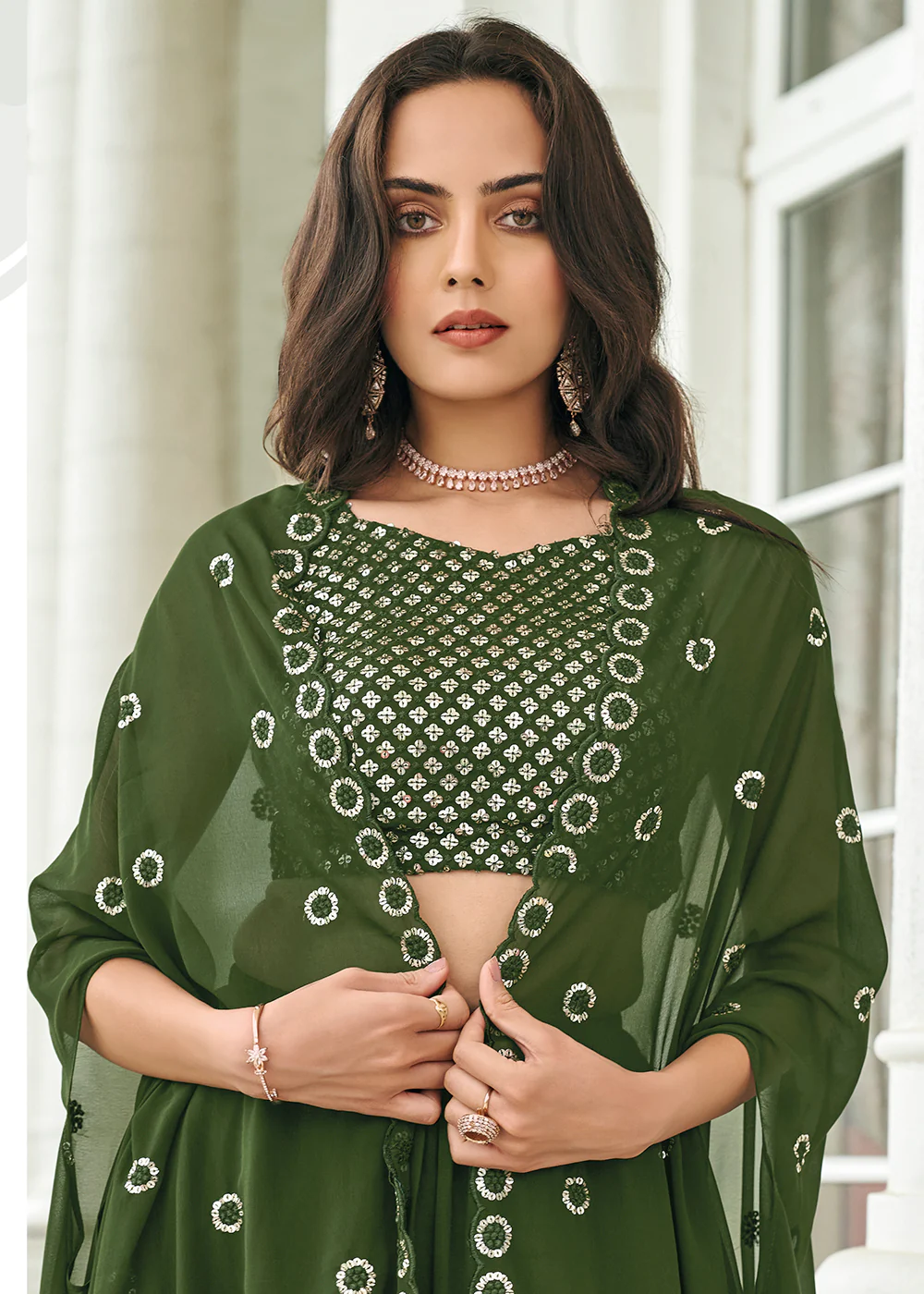 Olive Green Sequined Embroidered Shrug Style Lehenga Choli - Image 3