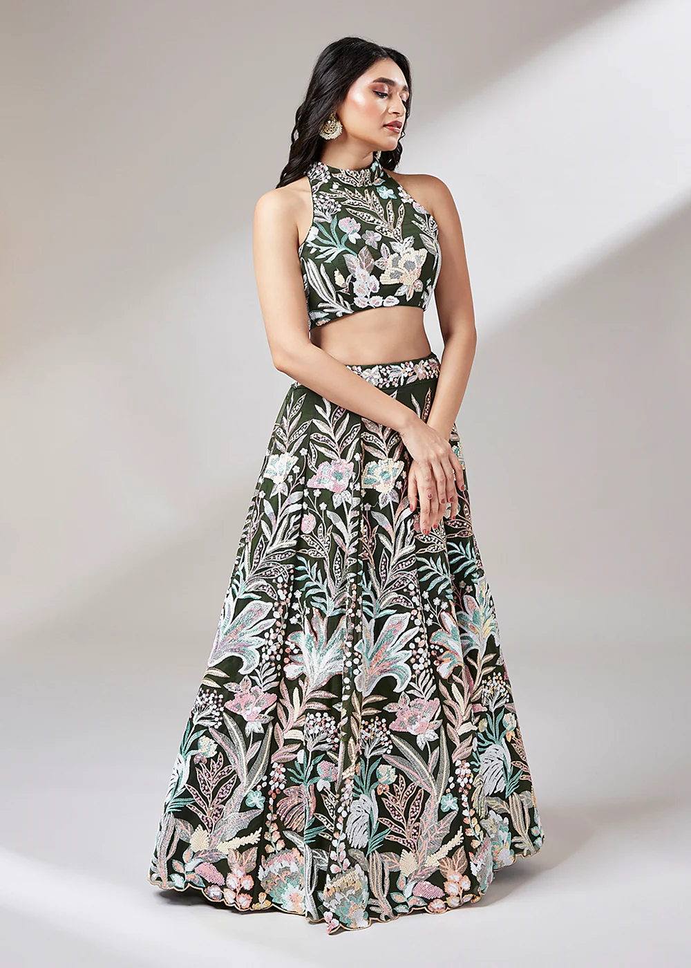 Olive Green Sequinned Embroidered Bridesmaid Lehenga Choli
