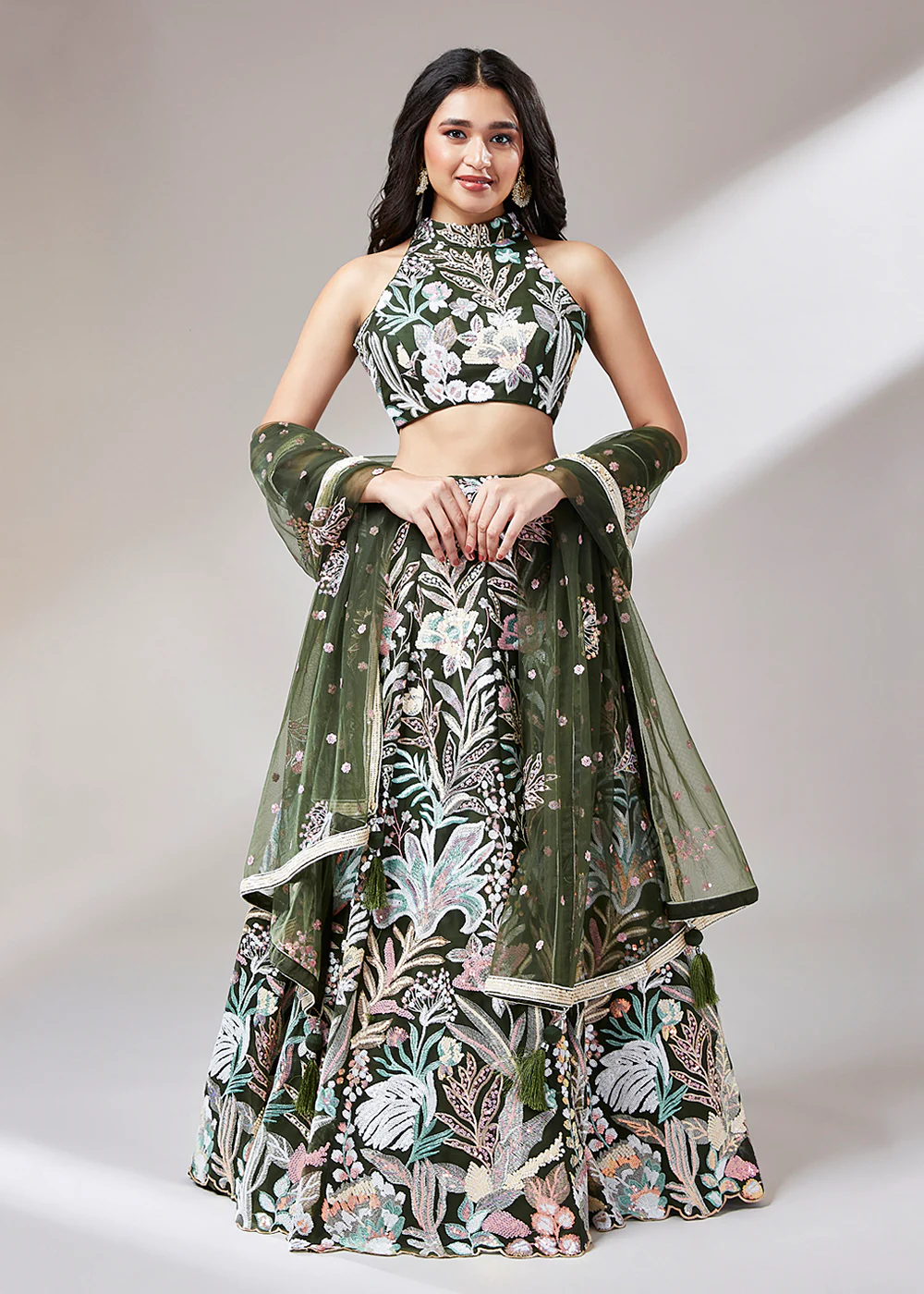 Olive Green Sequinned Embroidered Bridesmaid Lehenga Choli - Image 5
