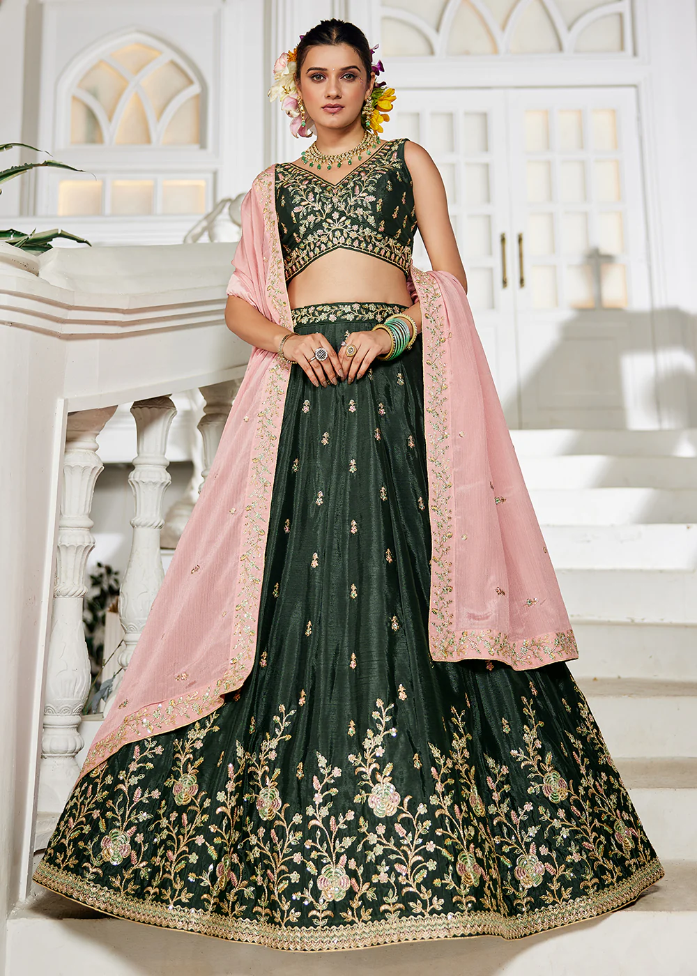Olive Green Sequins & Cording Work Wedding Wear Lehenga