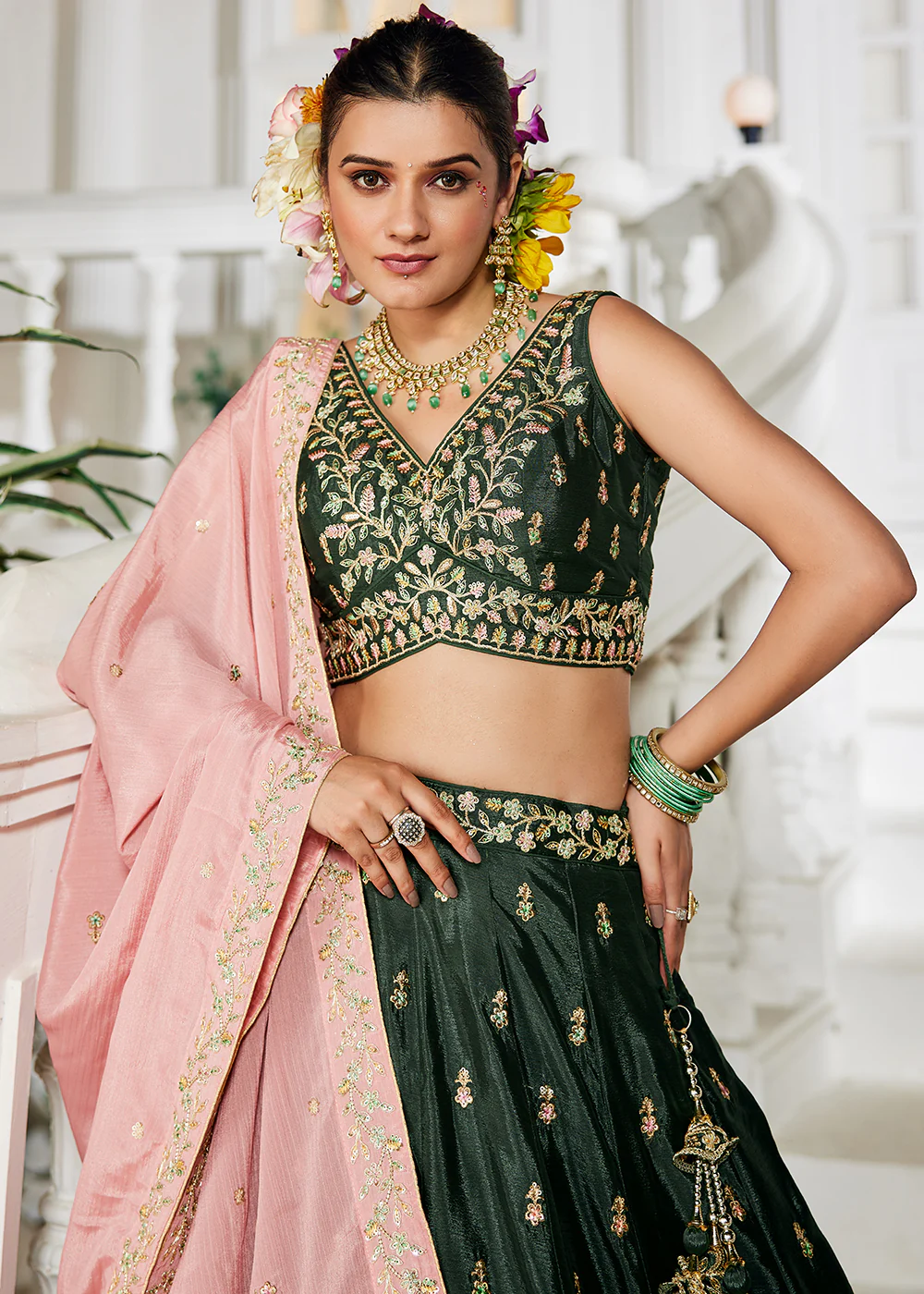 Olive Green Sequins & Cording Work Wedding Wear Lehenga - Image 2