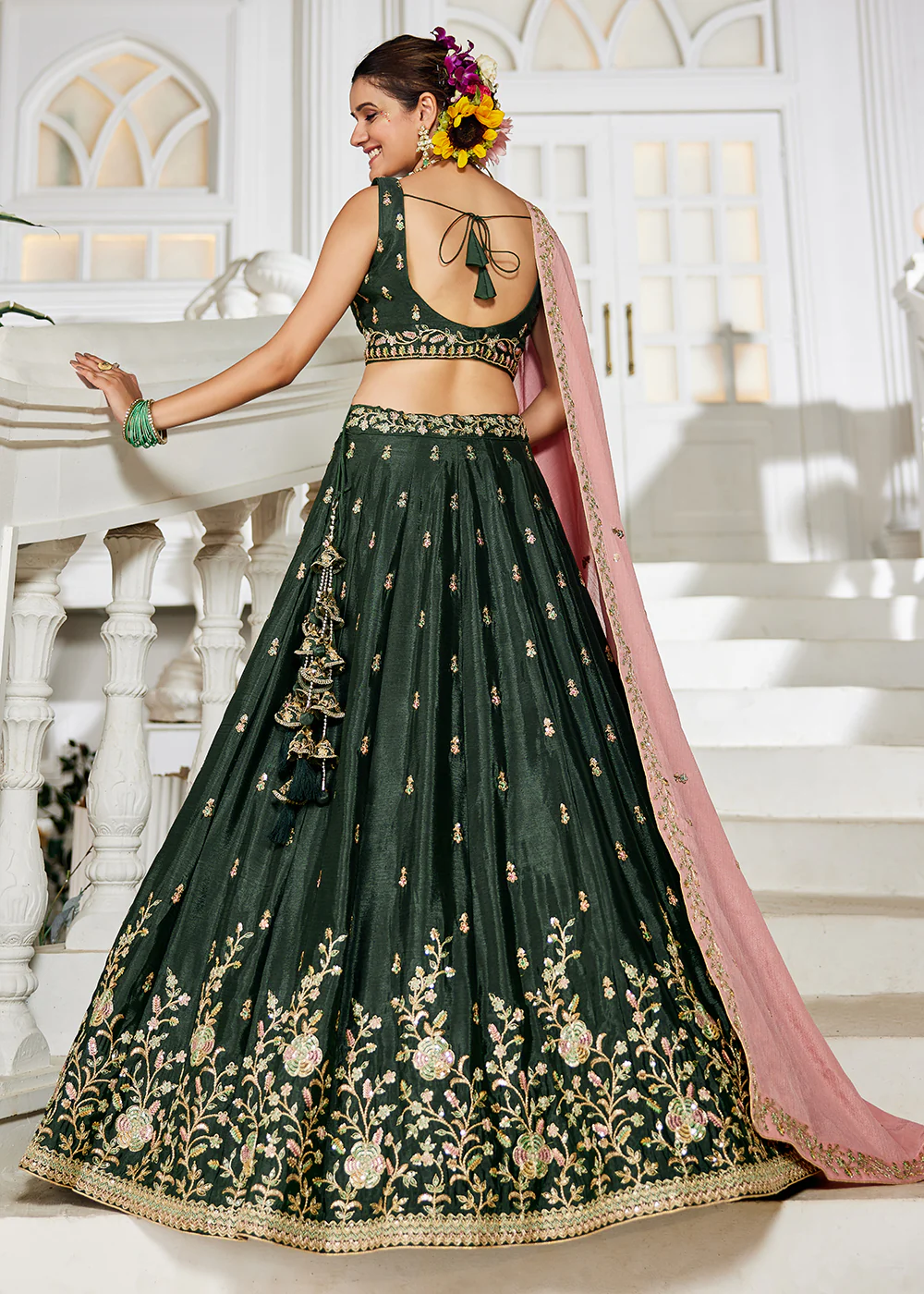 Olive Green Sequins & Cording Work Wedding Wear Lehenga - Image 3