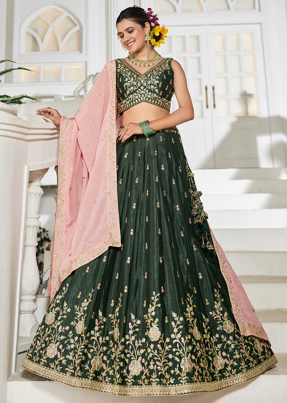 Olive Green Sequins & Cording Work Wedding Wear Lehenga - Image 4