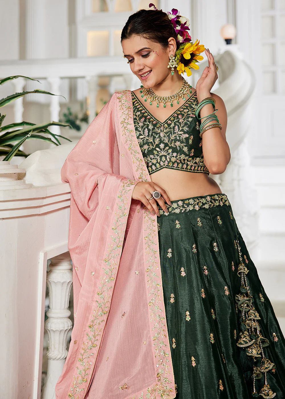 Olive Green Sequins & Cording Work Wedding Wear Lehenga - Image 5