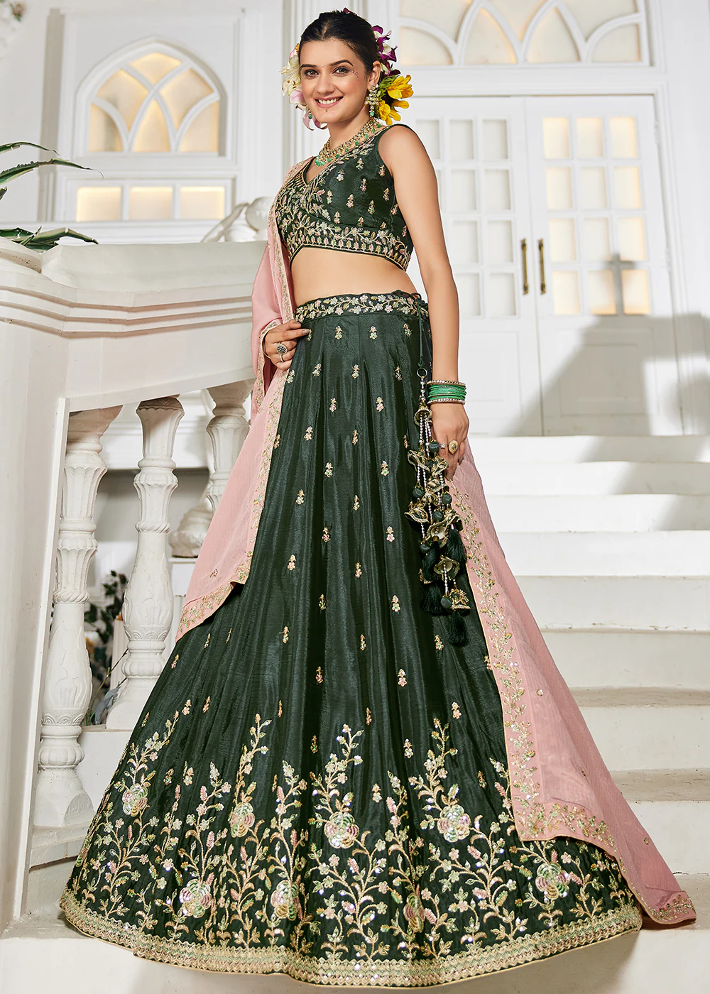 Olive Green Sequins & Cording Work Wedding Wear Lehenga - Image 6