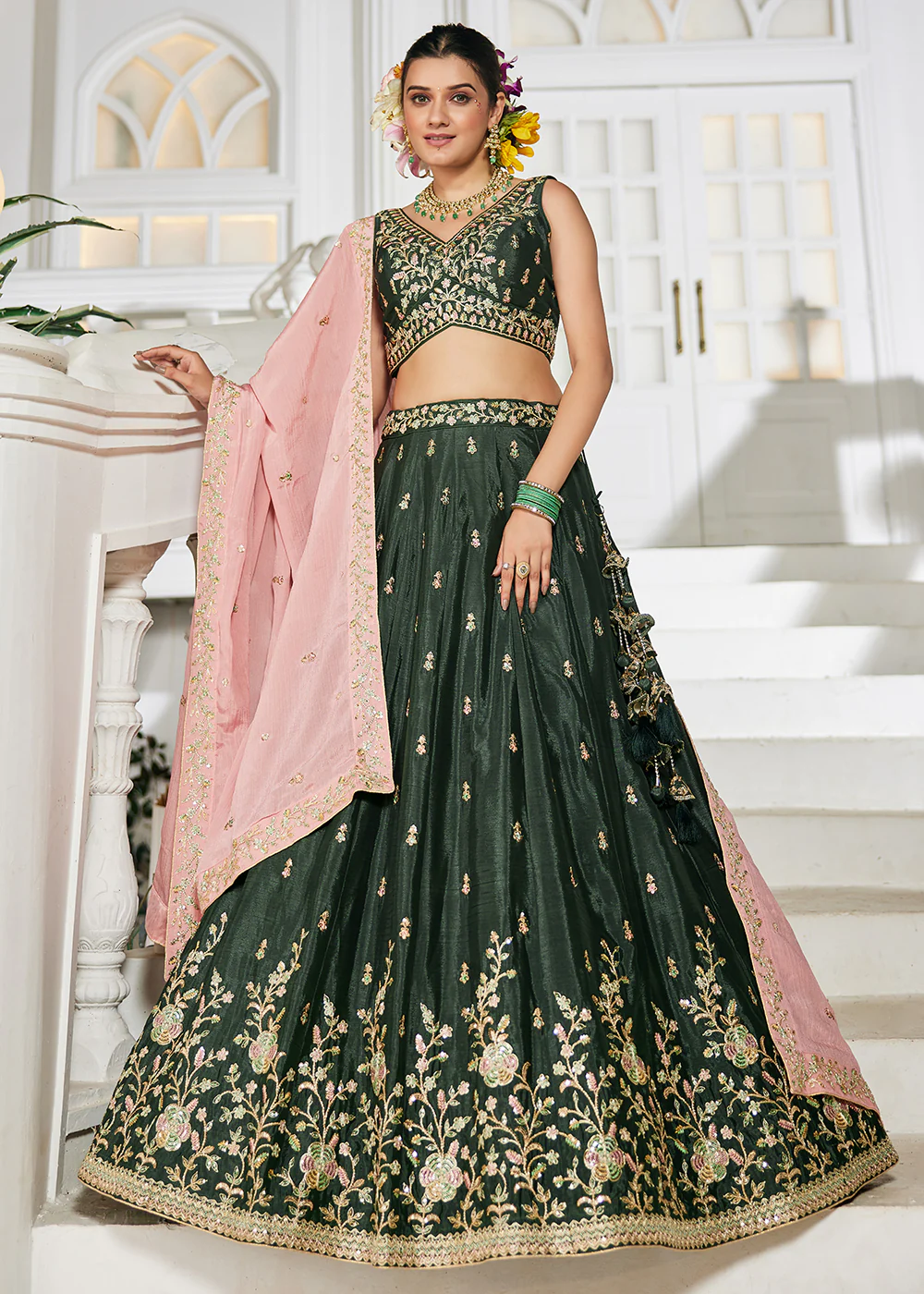 Olive Green Sequins & Cording Work Wedding Wear Lehenga - Image 7