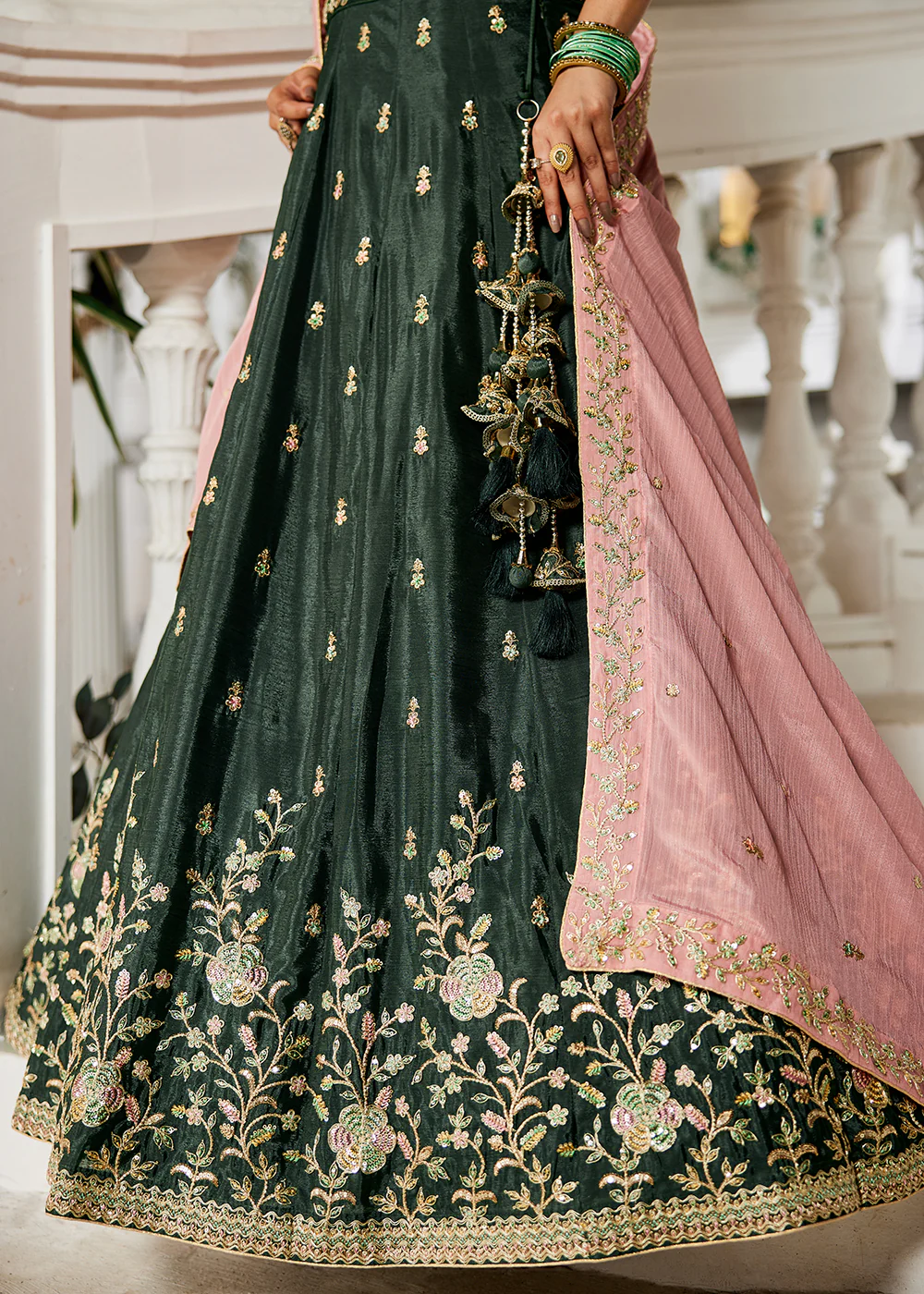 Olive Green Sequins & Cording Work Wedding Wear Lehenga - Image 8