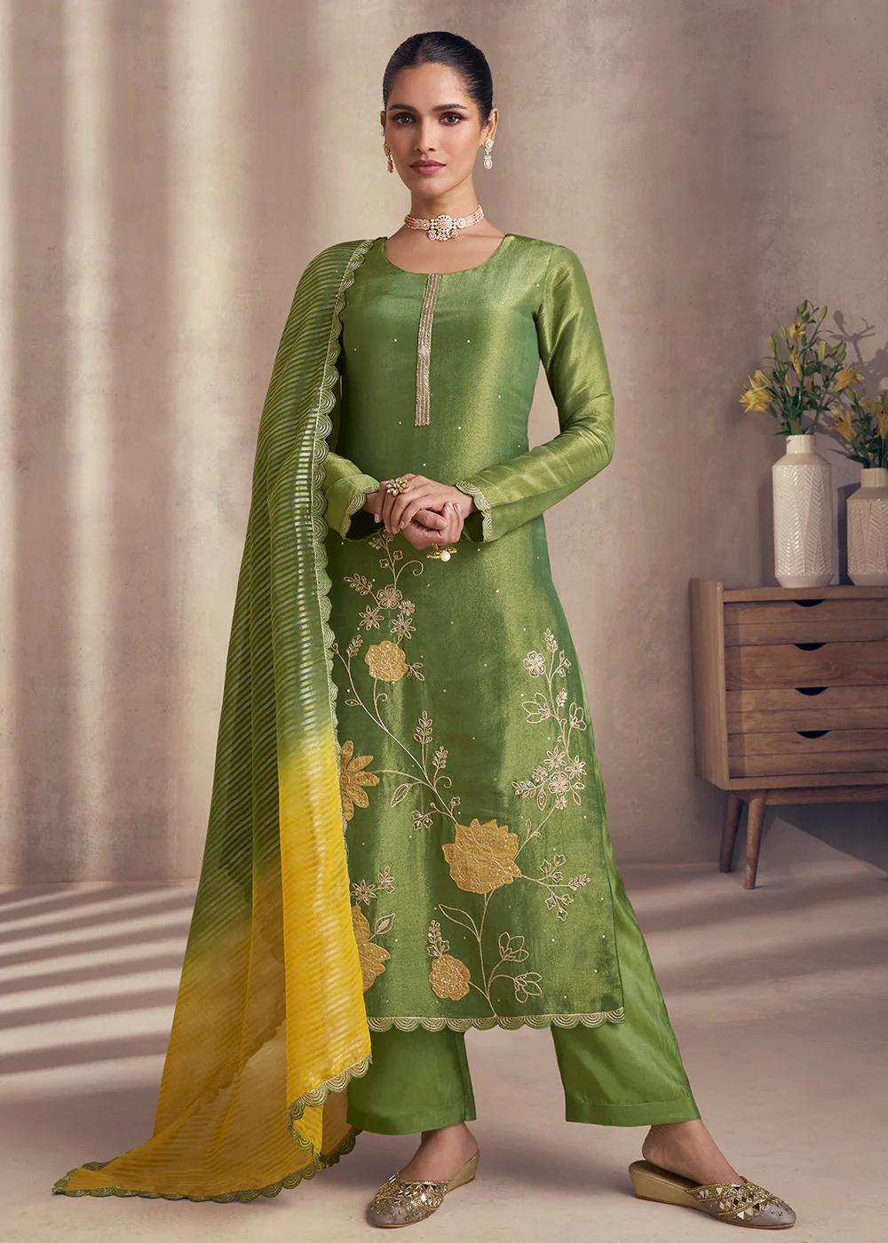 Olive Green Shimmer Silk Wedding Festive Salwar Kameez