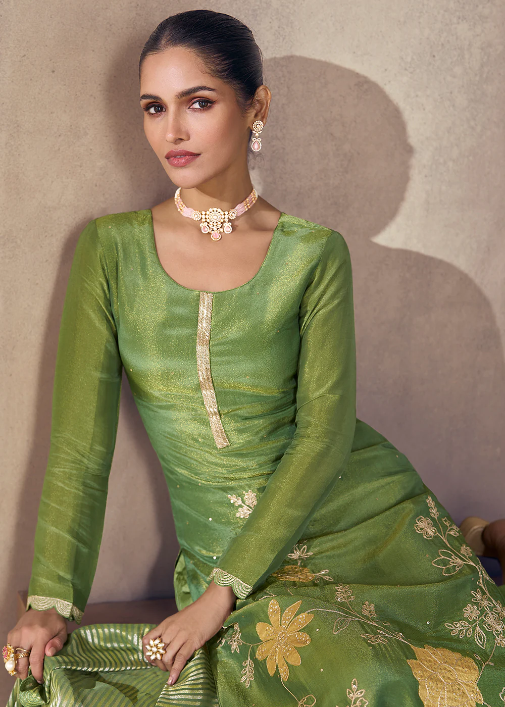 Olive Green Shimmer Silk Wedding Festive Salwar Kameez - Image 2