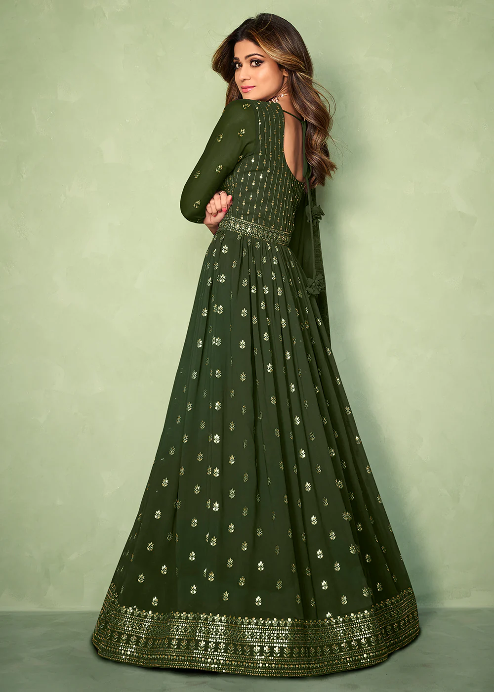 Olive Green Skirt Style Bridesmaids Anarkali Dress - Image 3