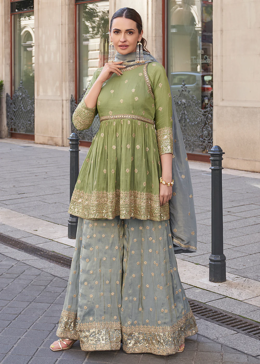 Olive & Grey Shimmer Silk Embroidered Sharara Style Suit