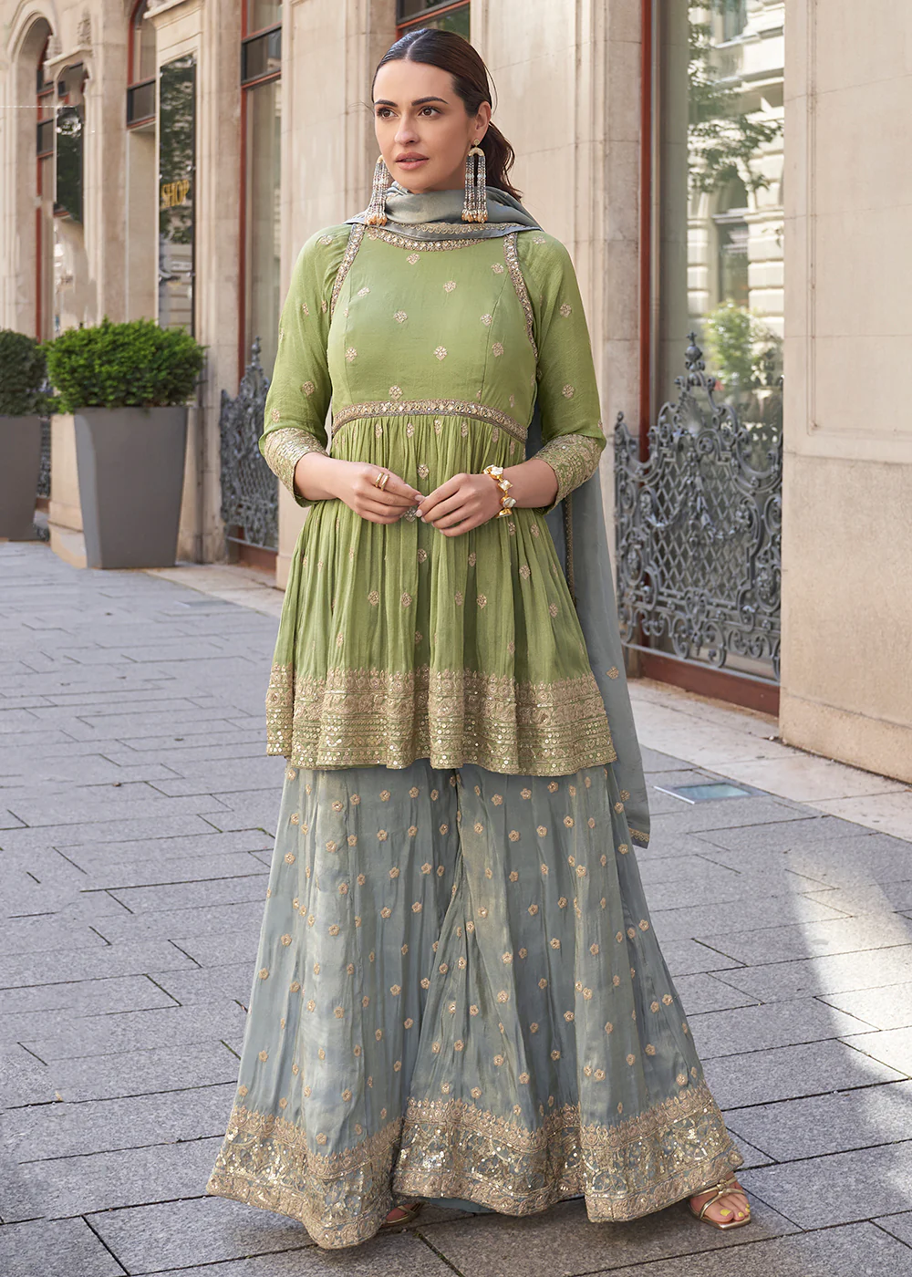 Olive & Grey Shimmer Silk Embroidered Sharara Style Suit - Image 3