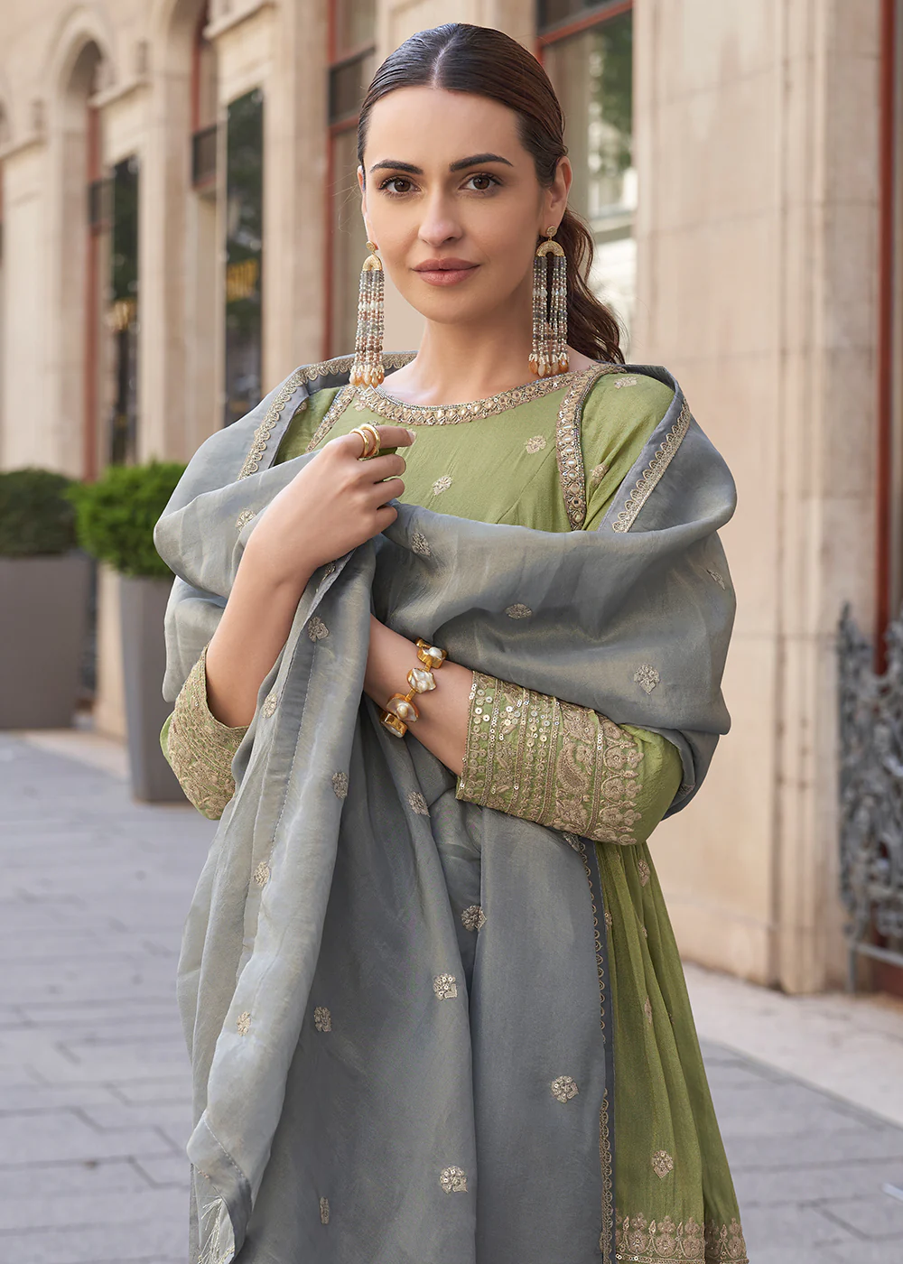 Olive & Grey Shimmer Silk Embroidered Sharara Style Suit - Image 4