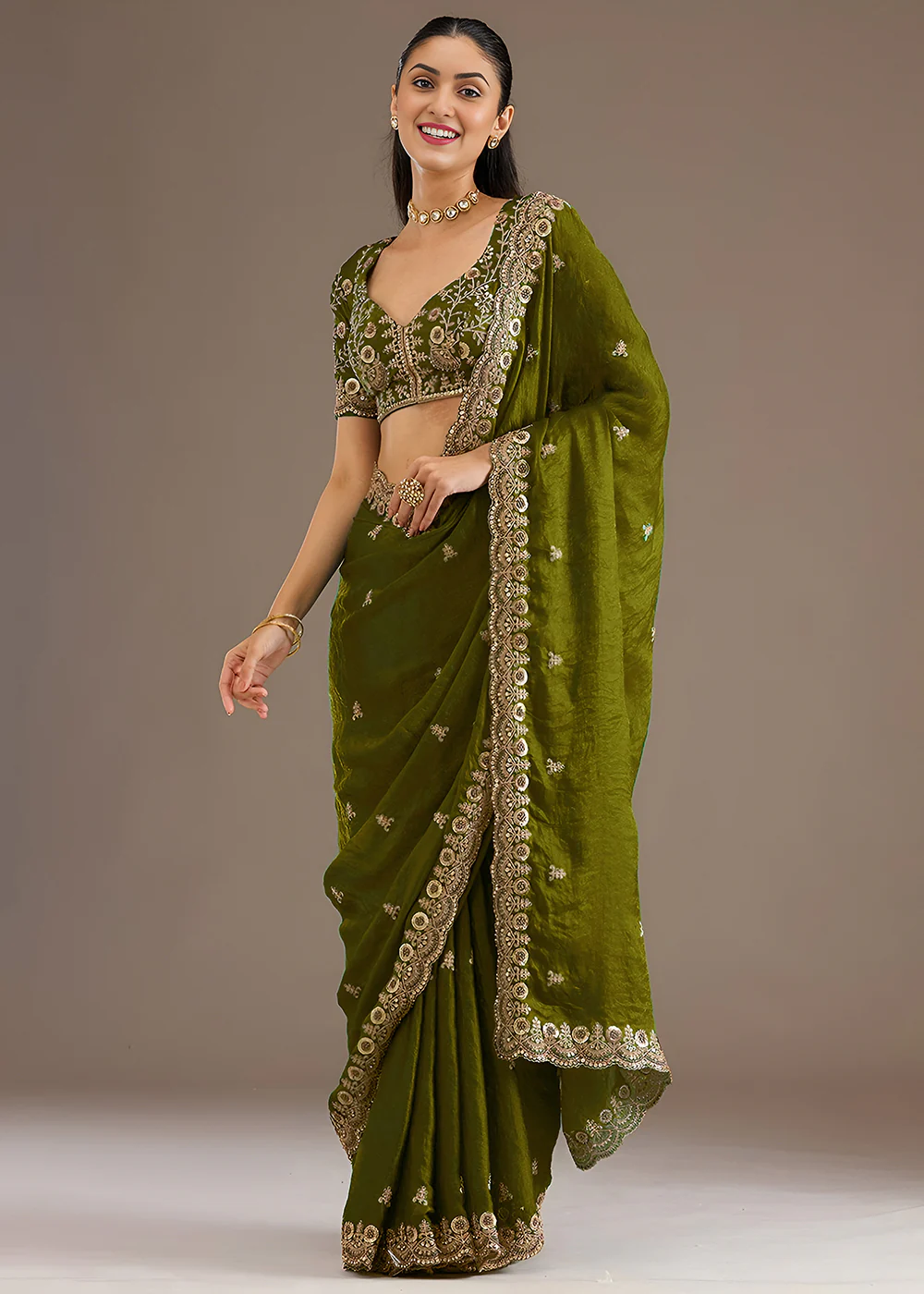Olive Multiple Sequins Embroidered Wedding Saree