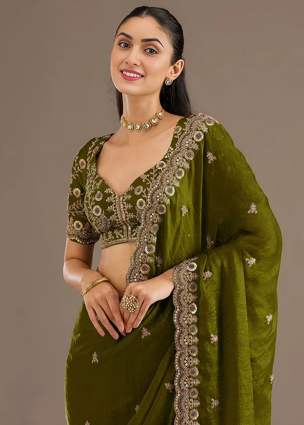 Olive Multiple Sequins Embroidered Wedding Saree - Image 2