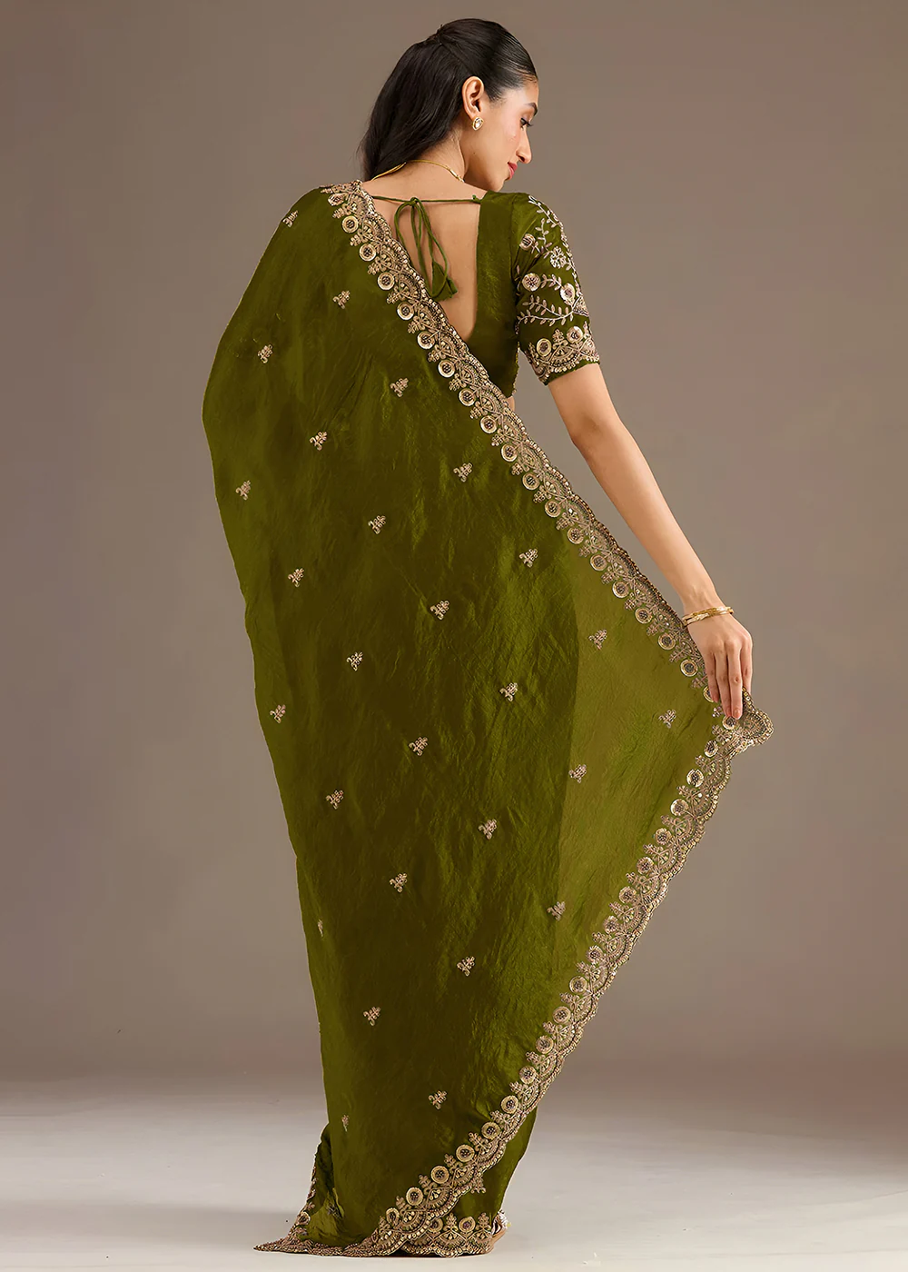 Olive Multiple Sequins Embroidered Wedding Saree - Image 3
