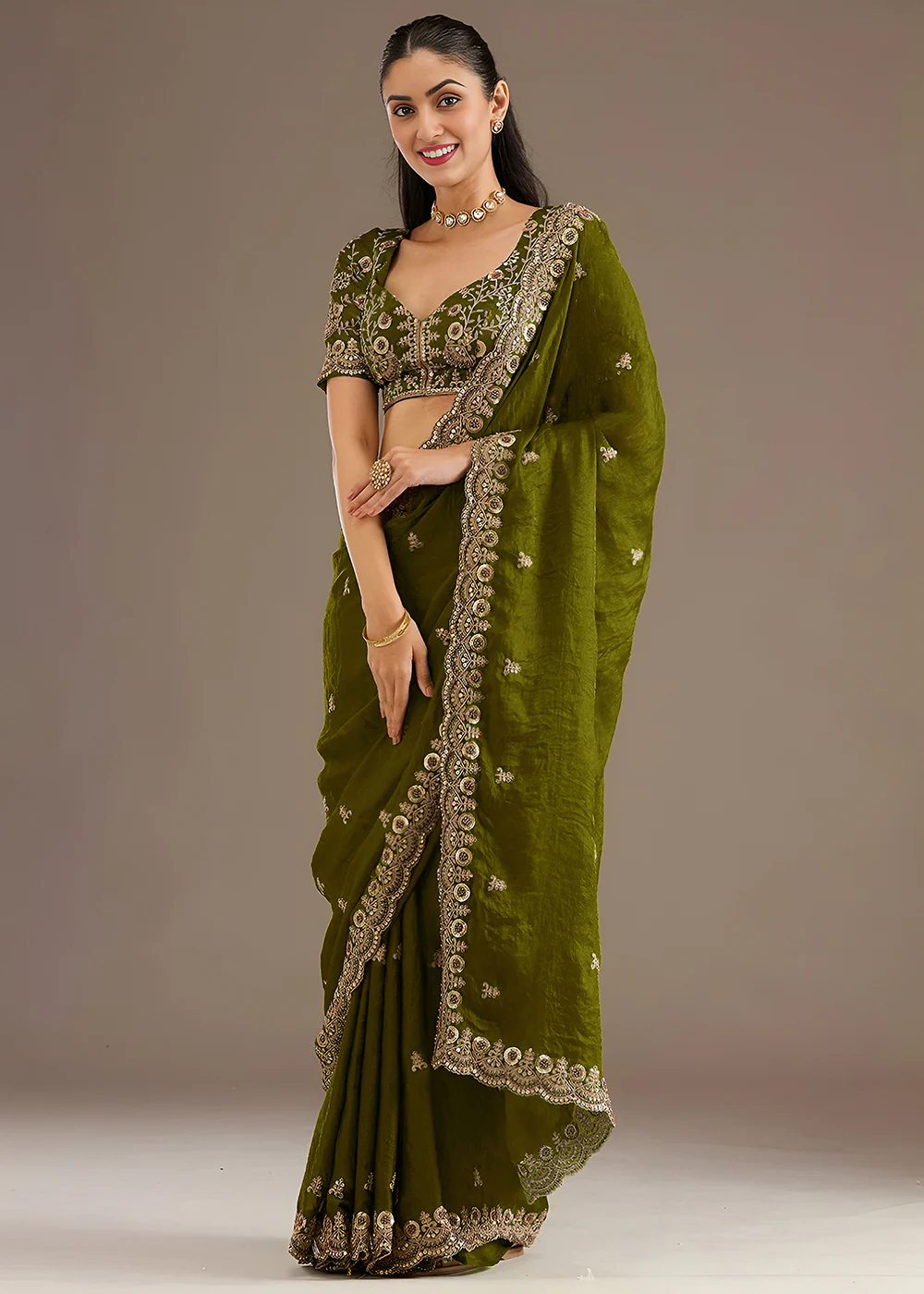 Olive Multiple Sequins Embroidered Wedding Saree - Image 4