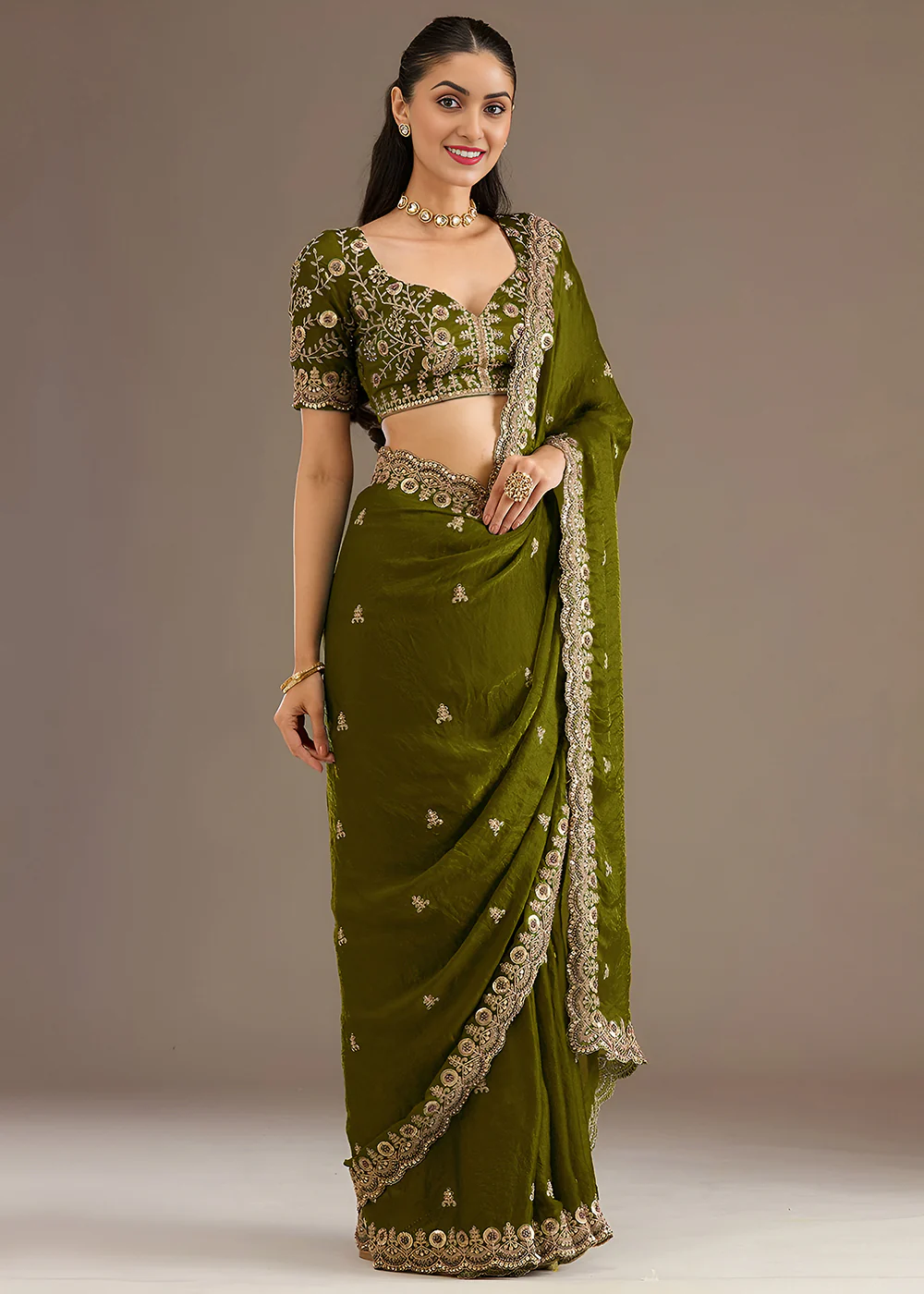 Olive Multiple Sequins Embroidered Wedding Saree - Image 5