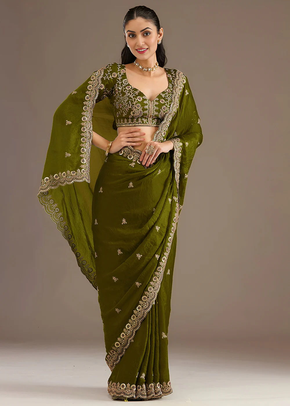 Olive Multiple Sequins Embroidered Wedding Saree - Image 6