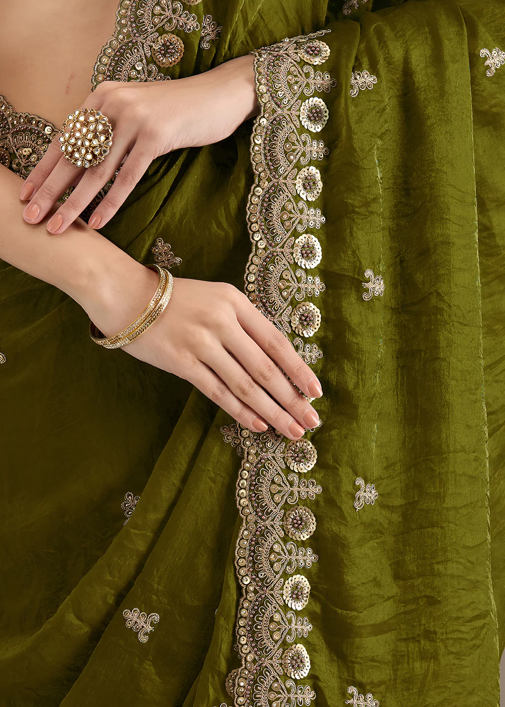 Olive Multiple Sequins Embroidered Wedding Saree - Image 7