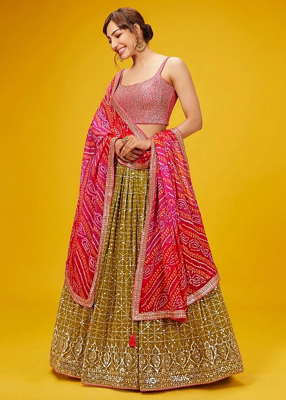 Olive & Pink Festive Style Embroidered Lehenga Choli