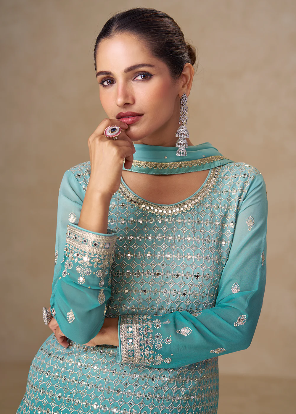 Ombre Aqua Mirror Handwork Georgette Palazzo Suit - Image 2