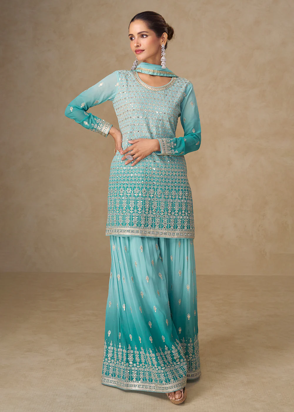 Ombre Aqua Mirror Handwork Georgette Palazzo Suit - Image 3