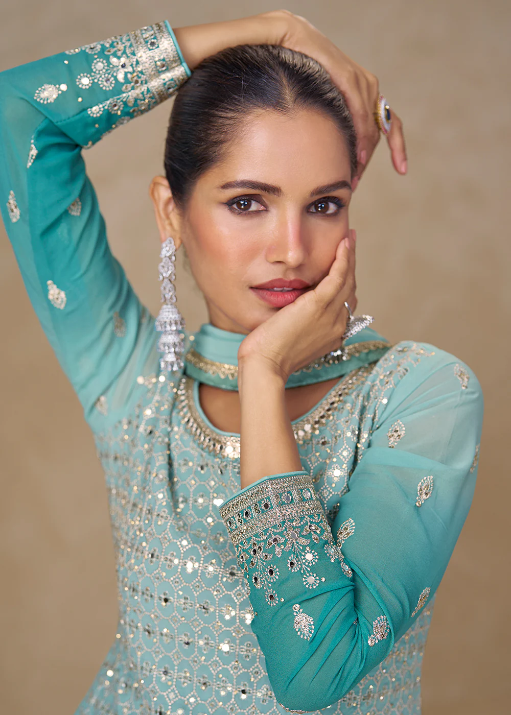 Ombre Aqua Mirror Handwork Georgette Palazzo Suit - Image 4