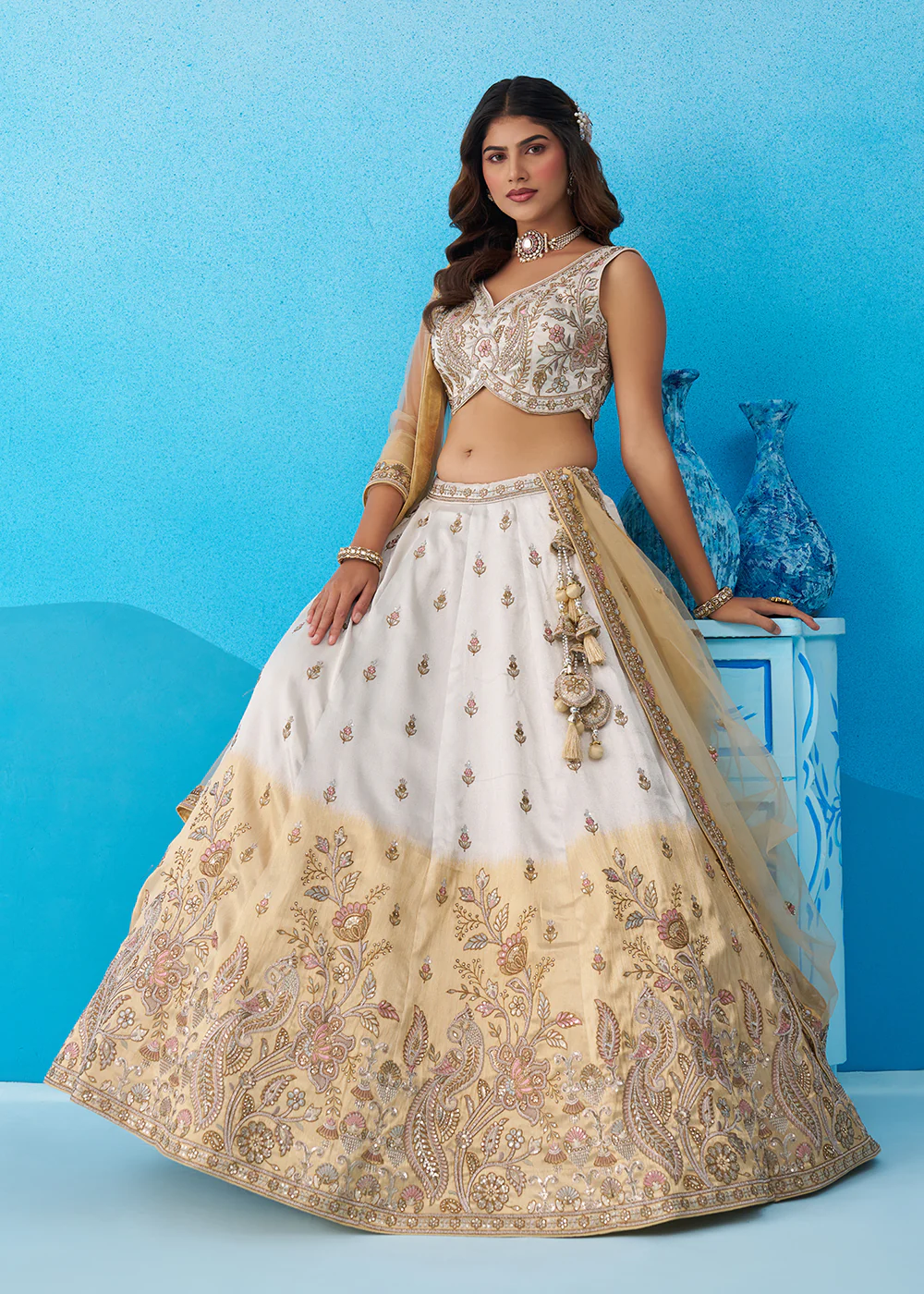 Ombre Beige & Cream Designer Wedding Lehenga Choli - Image 4