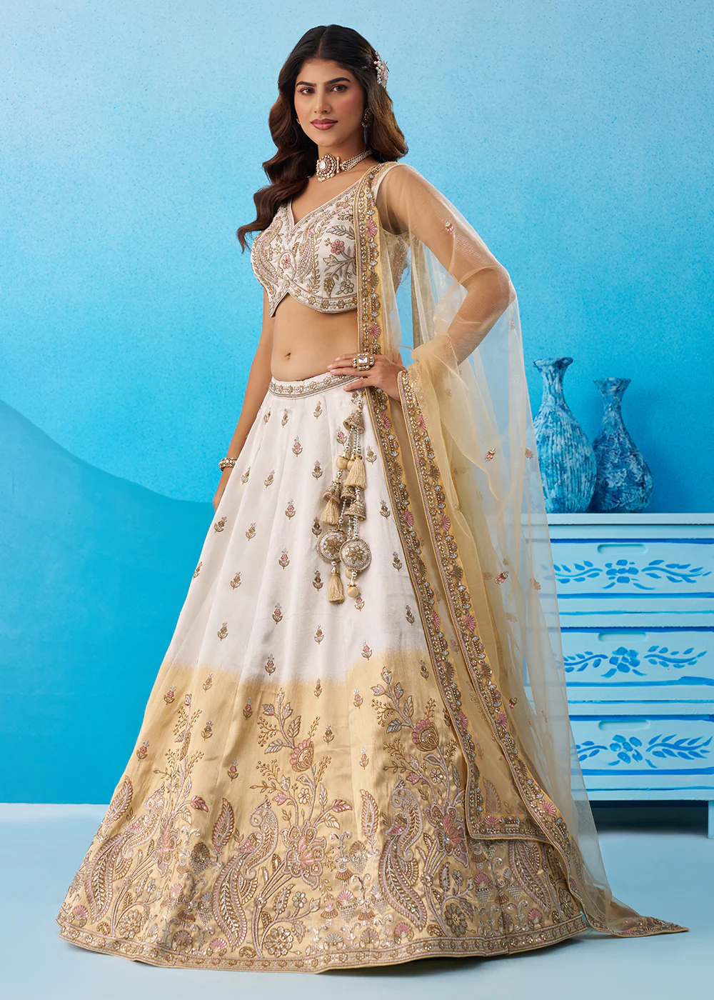 Ombre Beige & Cream Designer Wedding Lehenga Choli - Image 5