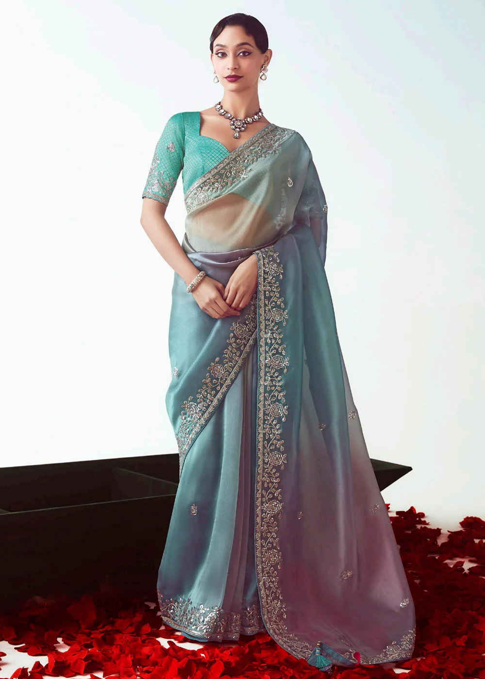 Ombre Blue & Sky Fancy Fabric Embroidered Designer Saree