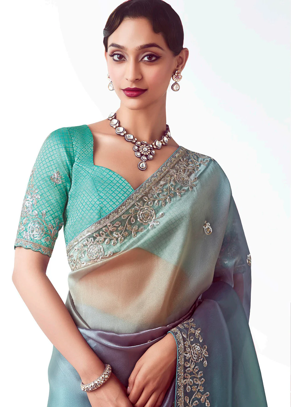 Ombre Blue & Sky Fancy Fabric Embroidered Designer Saree - Image 2