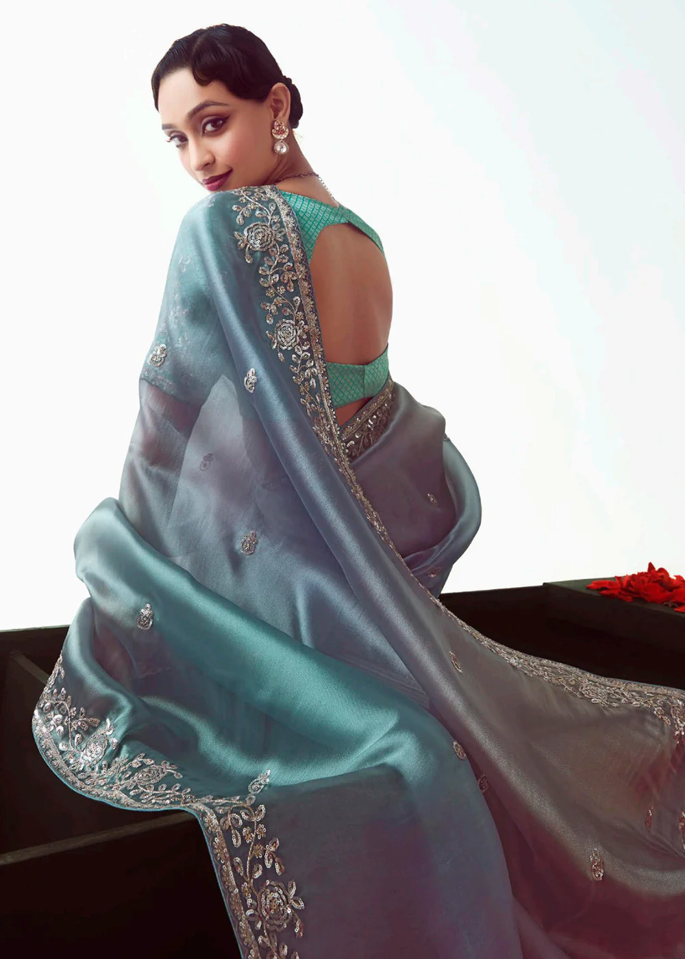 Ombre Blue & Sky Fancy Fabric Embroidered Designer Saree - Image 3