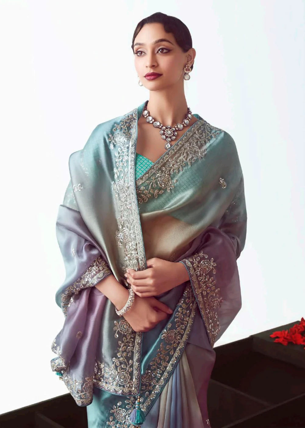Ombre Blue & Sky Fancy Fabric Embroidered Designer Saree - Image 4