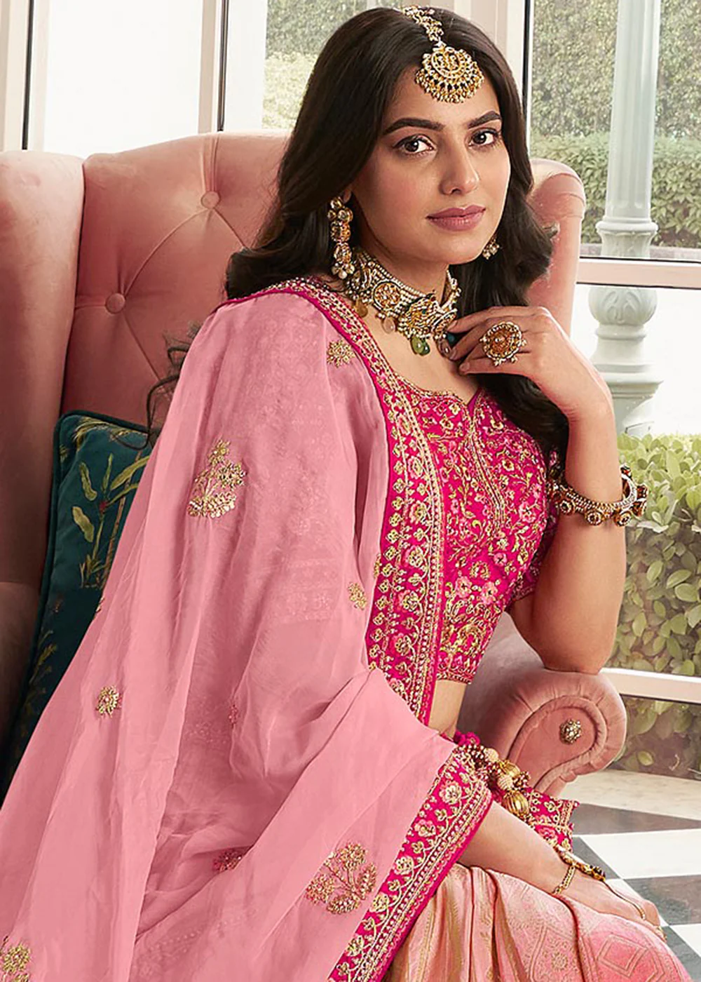 Ombre Coral Pink Heavy Embroidered Silk Bridal Lehenga Choli - Image 2