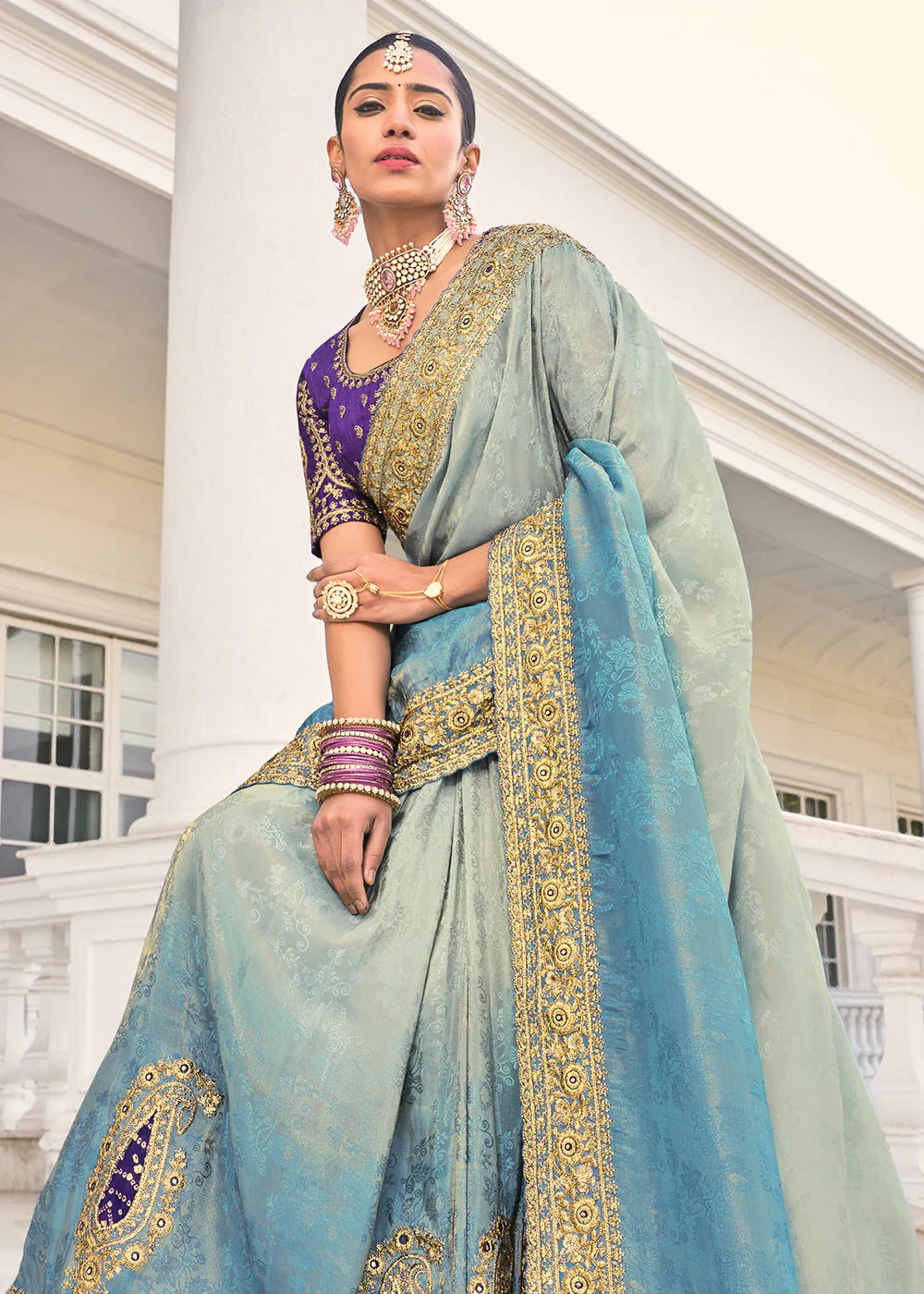 Ombre Grey Heavy Embroidered Wedding Designer Saree - Image 2