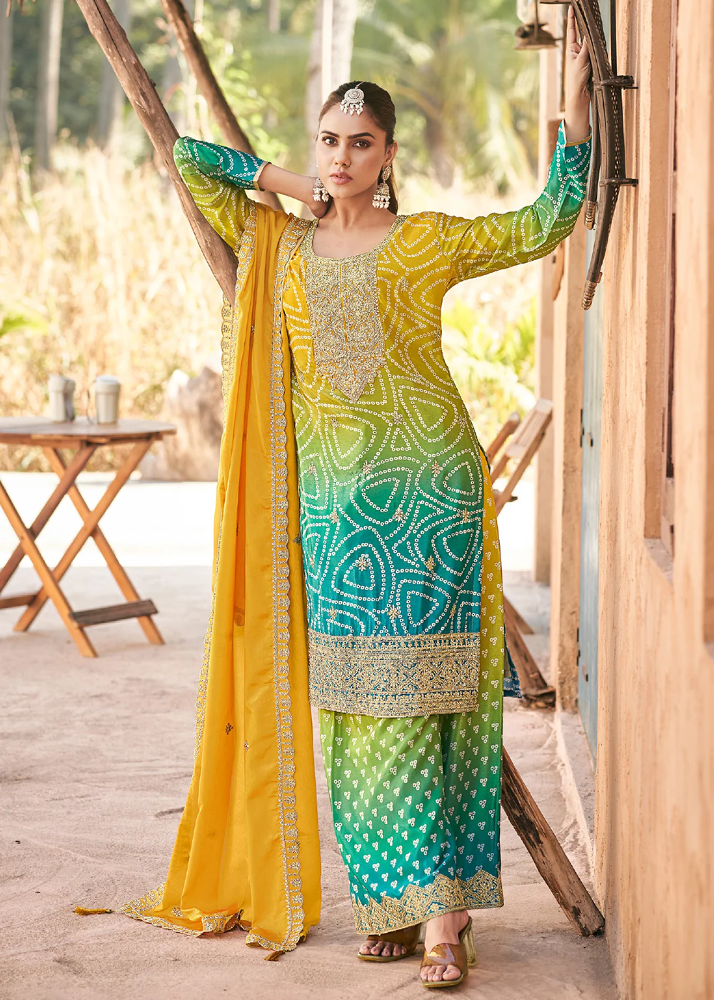Ombre Multi Embroidered Chinnon Festive Palazzo Dress