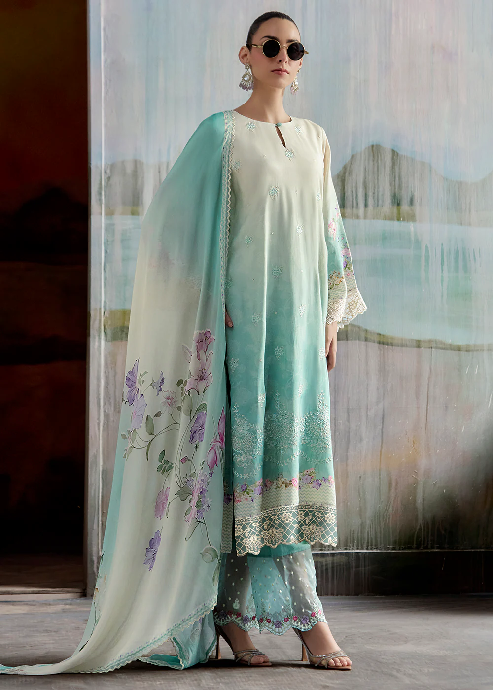 Ombre Off White & Blue Pure Muslin Festive Salwar Suit