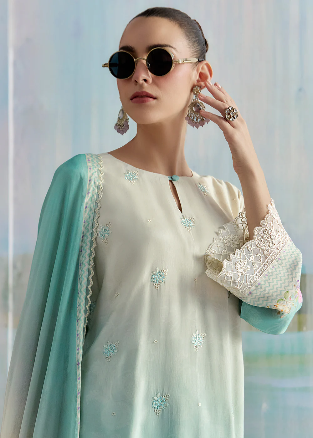 Ombre Off White & Blue Pure Muslin Festive Salwar Suit - Image 2