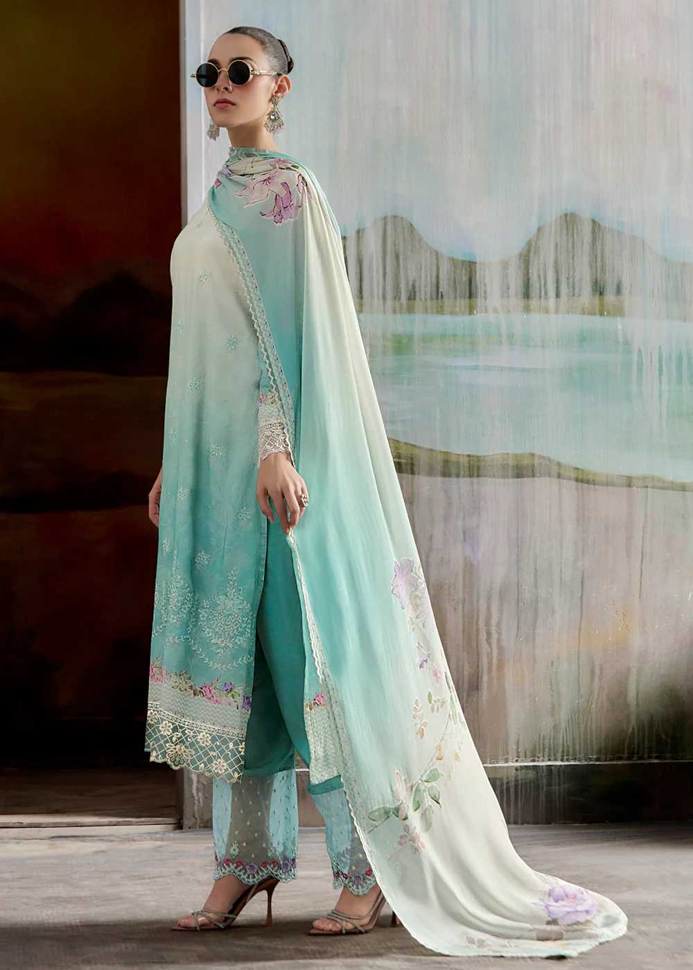 Ombre Off White & Blue Pure Muslin Festive Salwar Suit - Image 3