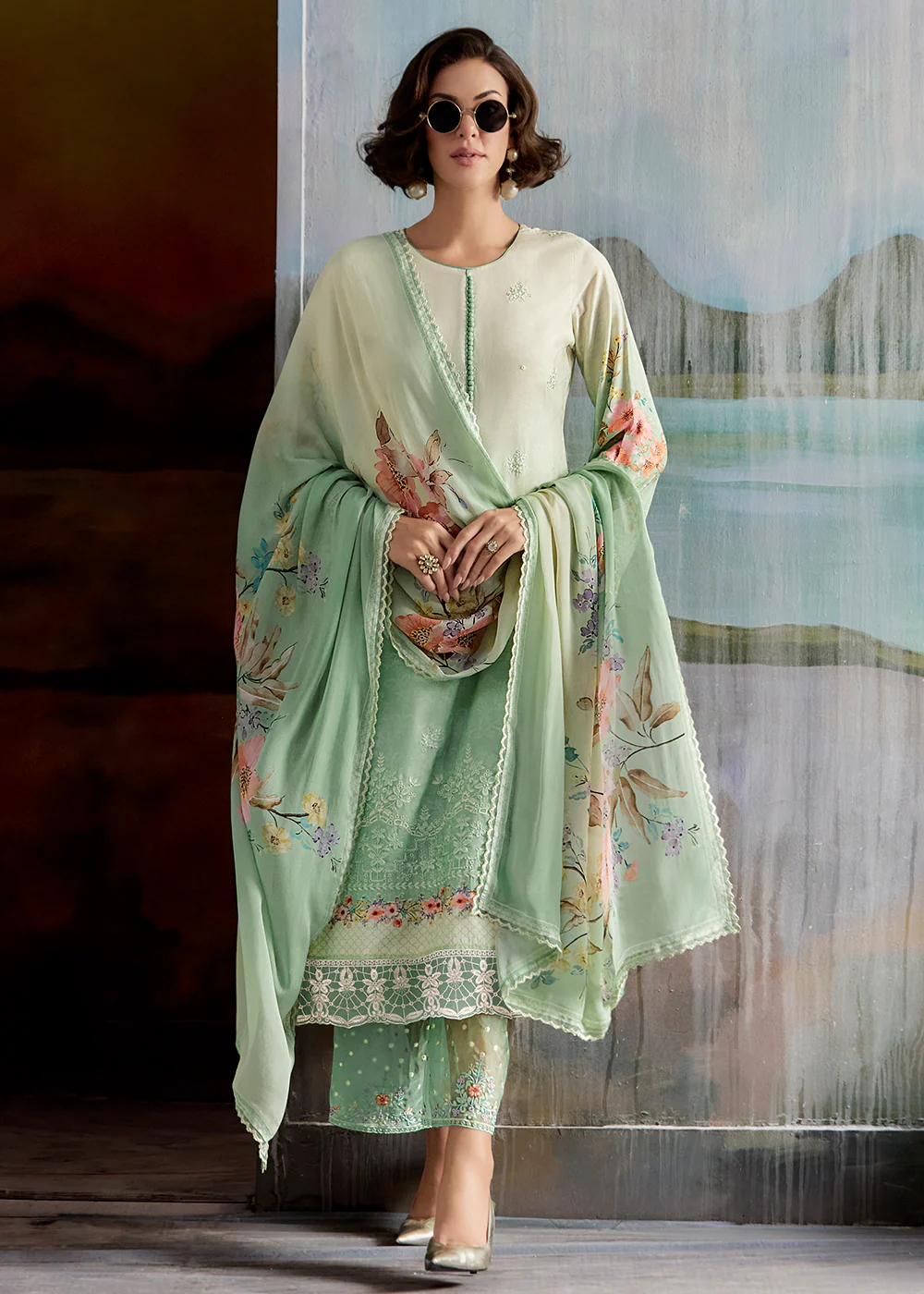 Ombre Off White & Green Pure Muslin Festive Salwar Suit