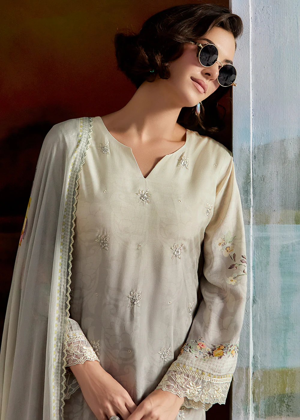 Ombre Off White & Grey Pure Muslin Festive Salwar Suit - Image 2